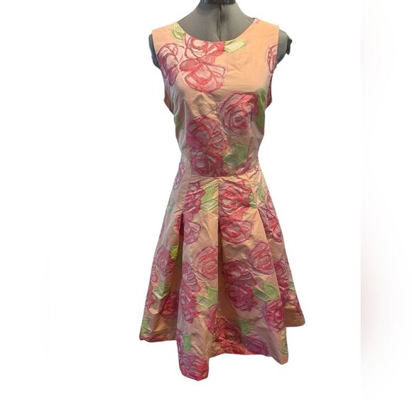 Sarah‎ Campbell Pink Fuchsia Floral Print Satin Sleeveless Dress Gown Designer - Picture 1 of 8